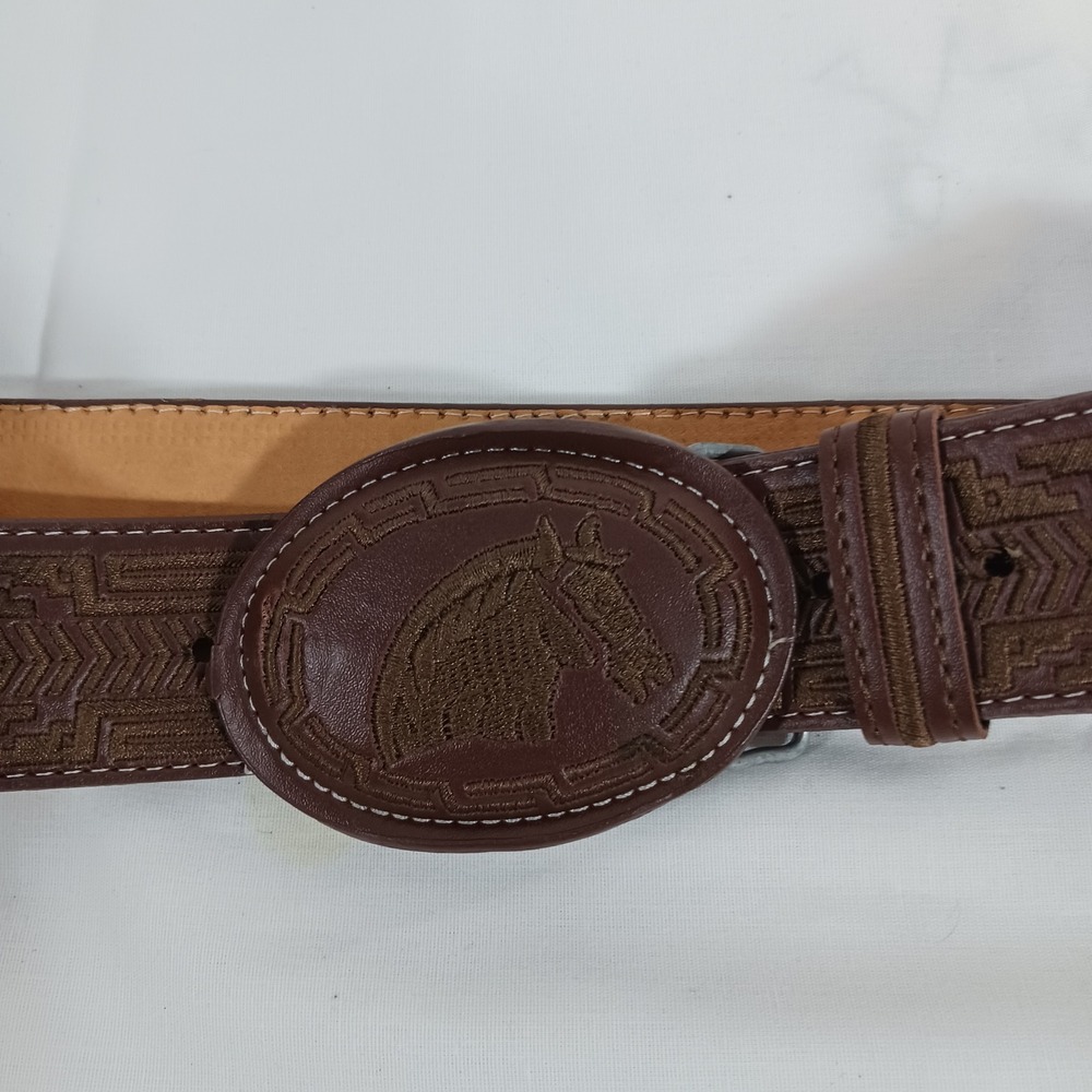 YAC Belt Mens 44 Brown Excellent Embroidered Horse Leather Western Mexico